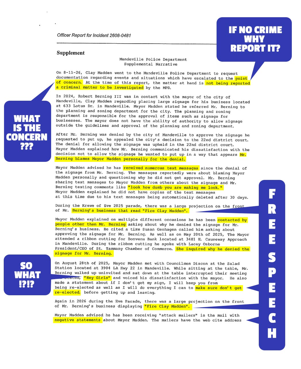 Mayor Clay Madden's Police report with Highlights and comments